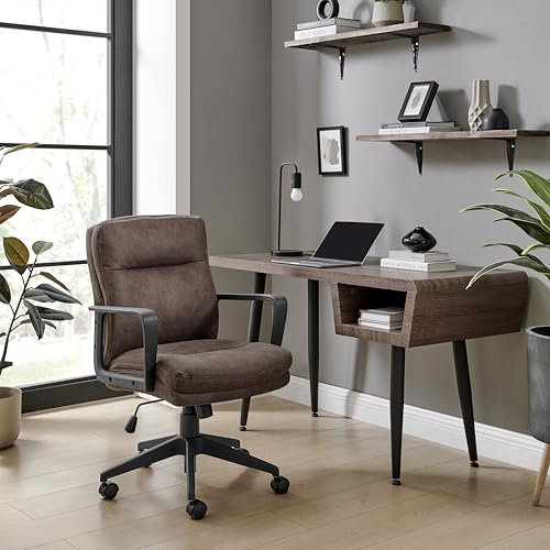 Furniturebox Office Chair - 'Rosco' Luxury Brown Faux Leather & Black Leg Office Chair - Stylish Comfortable Desk Chair for Bedroom, Study, Gaming, Work - Height & Recline Adjustable