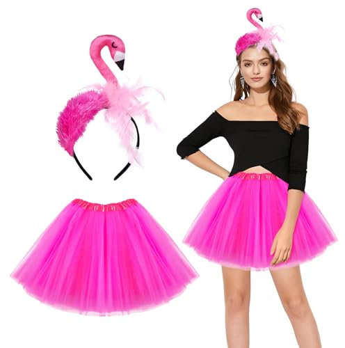 DIIQII Fenicottero Costume Hawaiano Donna: 2 Pezzi con Copricapo Rosa Gonna Tulle per Carnevale Festa Cosplay