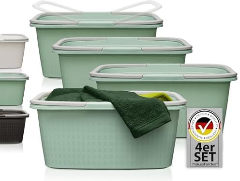 Hausfelder Wäschewanne, 4er Set, 58x37x25cm, Grün | Kunststoff, 4er Set, 58x37x25cm, stapelbar, mit Henkel, Wäschewanne, Wäschekorb, Plastik, wetterfest, Grün