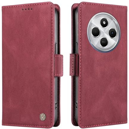 ILING Case for OPPO Reno 12F 4G / OPPO Reno 12 FS 5G (Reno12 F 5G), Leather PU Skin Wallet Cover Flip Folio Shockproof Case with Card Slots, Kickstand, Magnetic Close, RFID Blocking (Wine Red)