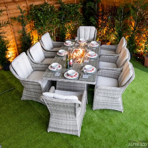 RGFLTD Champagne Vienna 8 Seat rattan Fire Pit With 210cm Rectangular Table
