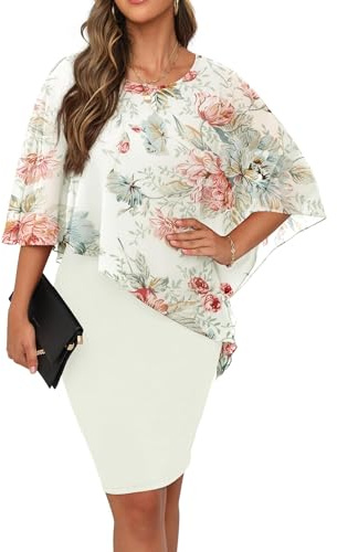 QIXING Womens Summer Casual Dress Loose Batwing Sleeve Crew Neck Chiffon Cape Elegant Midi Cocktail Pencil Dresses for Women UK for Funeral Party Wedding(White Peony, XL)