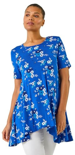 Roman Originals Hanky Hem Tunic Top for Women UK - Ladies Longline Blouse Asymmetric Hemline Short Sleeves Casual Slouch Loose Summer Spring Relaxed Comfortable - Blue Multi - Size 14