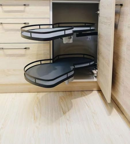 TWHZSAI Eck-Küchenschrank-Karussell für 36-Zoll-Schränke mit 2-lagigen, grauen Ausziehregalen, drehbares Regal für Küchen-Eckschränke mit 3/4-Stauraum