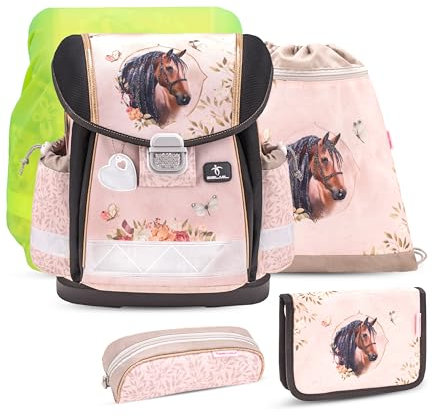 Belmil Schulranzen Set 403-13/AG/S/R 5 - teilig ergonomischer Schulranzen Set mit Regenschutz 1. klasse 2. klasse 3. klasse - Super Leicht 930-990 g/Grundschule (Horse Chestnut 2)