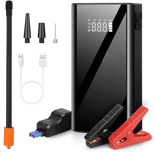 4000A Starthilfe Powerbank mit Luftkompressor, 12V Auto Starthilfe Powerbank mit LED-Licht & Schnell-Ladung, Booster Auto Starthilfe für bis zu 10,0L-Benzinmotoren und 8,0L-Dieselmotoren
