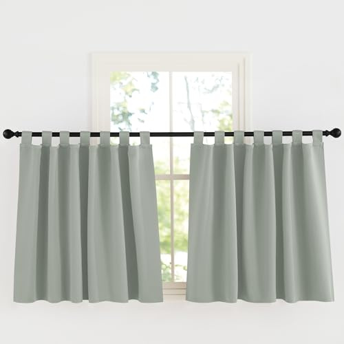 KGORGE Blickdichte Scheibengardinen 100 cm Hoch Schlaufenvorhang Kurz | Salbeigrün, H100 x B140, Schlaufenschal 2er Set, Thermovorhang Hitzeschutz, Verdunkelung, Sonnenschutz, für Küche