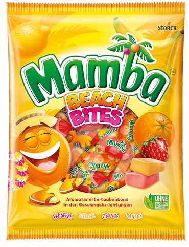 Mamba Beach Bites, Kaubonbons mit Fruchtgeschmack - 1 x 160 g | Leckerer Süßigkeiten Mix, softe Bonbons in 4 fruchtigen Sorten Erdbeere, Zitrone, Orange & Banane, einzeln verpackt