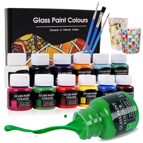 LiBozd Juego de pinturas para vidrieras, 12 x 25 ml, pintura acrílica profesional para vidrieras, protección UV y altamente pigmentada, no tóxica, resistente al agua y para múltiples superficies