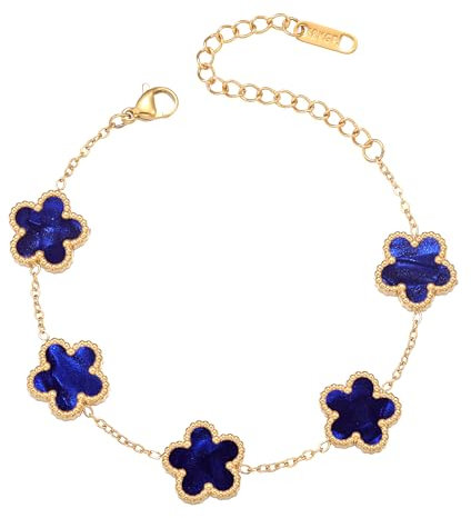 FUNIO Kleeblatt Armband für Damen - 18 Karat Gold Van Cleef Armband Armreif Glücksarmband Schmuck Geschenk für Damen (Dunkelblau)