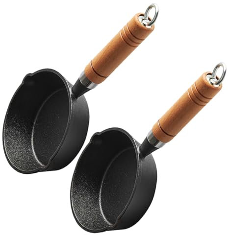 HOLIDYOYO 2pcs Cast Iron Saucepan Small Butter with Wooden Handle for Cooking Melting Cheese Oil Space-Saving Kitchen Essential