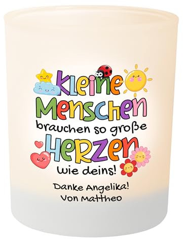 Personalisierter Teelichthalter „Kleine Menschen brauchen so große Herzen wie deins“ – Teelichtglas, Dankeschön Geschenk zum Abschied Kindergarten für Erzieherin personalisiert mit Wunschtext
