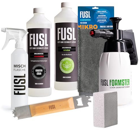 FUSL Premium Grillreiniger-Set – Fett- & Krustenlöser für empfindliche Flächen & eingebranntes Grillgut – FOAMSTER Schaumsprüher, Grillrost-Schaber, Putzbrikett, Mischflasche, Mikrofasertuch – Sparset