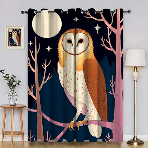 BSYYZQC Mond Verdunkelungsvorhang, Vorhang Blickdicht Eule Vorhänge mit Ösen, Gardinen Verdunklungsvorhänge für Wohnzimmer Schlafzimmer Kinderzimmer 2er Set 145x140cm (HxB)