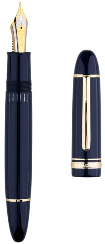 Erofa Majohn P141 Fountain Pen with Piston, No. 8, Fine Nib, Blue Resin with Tint Window, Gift Fountain Pen with Box, Gold Finish