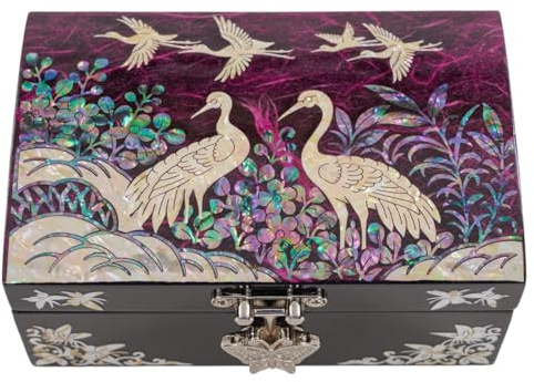February Mountain Mother of Pearl Small Jewelry Box with mirror lid, Jewelry Storage Organizer for Earring, Necklace, Rings, Bracelet & Accessories, Gifts for women who have everything (Crane_Purple)