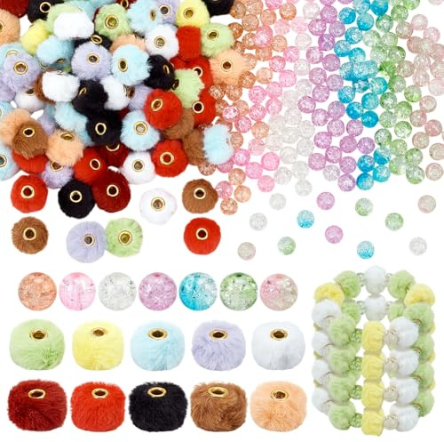 PH PandaHall 390 Stück 17 Farben Pom Poms Perlen Weiche Flauschige Faux Pelz Perlen Poms Abstandsperlen Auf Lager Weiche Puff Abstandshalter Rissiges Glasperlen Für DIY Armbänder Halskette Ohrringe