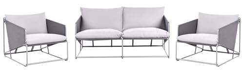 Beliani Low Oversized Sofa and 2 Chairs Set Metal with Seat Backrest Cushions Indoor Outdoor Furniture Garden Grey Ponte