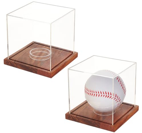 PH PandaHall 2 Stück Baseball Vitrine Durchsichtige Acryl Vitrine Würfel Tennisballhalter Ständer Einzelball Vitrine Mit Braunem Holzsockel Und Ring Für Erinnerungsstücke Und Signierte Bälle