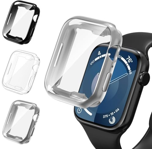 ivoler 3 Piezas Funda con Protector de Pantalla para Apple Watch 40mm SE (2025/2022 / 2020) Series 6 5 4, Protección Completa Carcasa Suave TPU Anti-Arañazos Case, Transparente + Negro + Plata