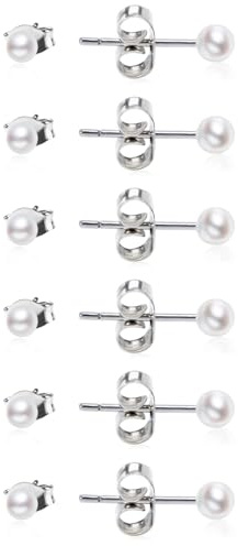 6 Paar Perlenohrringe Silber Set 3/4/5/6/7/8mm Weiße Perlenohrstecker für Damen Mädchen, Hypoallergen Edelstahl Perlenohrringe Stecker Schmuck Set Wasserfeste Kleine Silber Perlen Ohrstecker