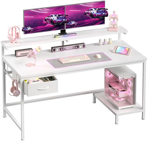 Cliporix Gaming Desk with Drawers & Adjustable Monitor Stand, 100x48, White | Reversible CPU Stand,2 Headphone Hooks,Ergonomic Design,Compact Computer Table for Bedroom and Study,Easy Assemble
