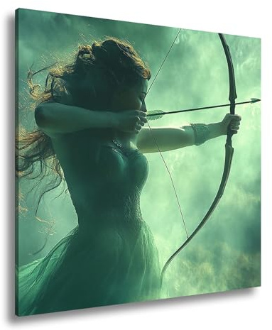 deyoli Leinwandbild Mystische Bogenschützin im grünen Nebelmeer Format: 60x60cm XXL Kunstdruck Bild auf Keilrahmen/Wandbild/Wohnzimmer Dekoration