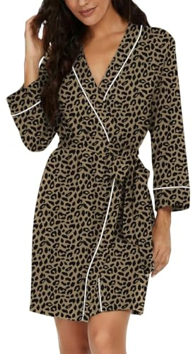 PrinStory Bademantel Damen Kurz V-Ausschnitt 3/4 Ärmeln Morgenmantel Leichter Kimono Robe Loungewear