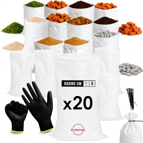 KRUKMAK – Lot de 20 Sacs de Chantier Renforcés Gravat 95x55 cm (Jusqu’à 55 kg) – Usage Professionnel BTP – Polypropylène Tissé Haute Résistance + 20 Colliers de Serrage & Gants – TVA Récupérable