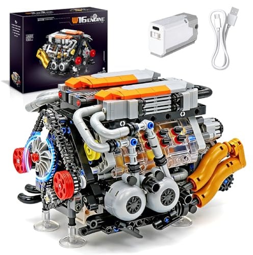 Technik V8 Motor Bausatz Klemmbausteine, W16 Auto Engine Modellbausatz | Wiederaufladbarem Sichtbarer Motor mit 16 Zylindern, Kompatibel mit Lego, für Auto Fans und Jungen ab 14 Jahren (1063 Teile)
