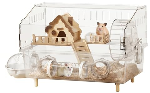 Gabbia panoramica per criceti 100x50x50 cm, Recinto per criceti in acrilico e legno con accessori silenziosi, Gabbia trasparente per piccoli animali per topi, ratti, gerbilli
