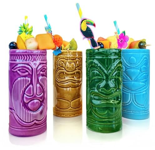 mikamax Tiki Becher, Mugs 4er Set Keramik Cocktailbecher Cocktailgläser Bar Zubehör Partydekoration –14cm x 6,5 Cocktail Party 04070 Blue, Green, Orange, Purple