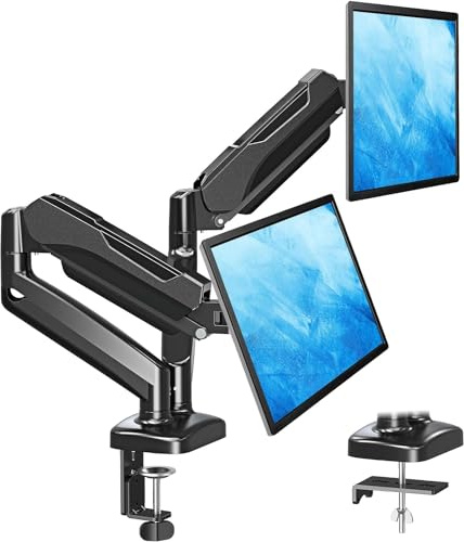 Montup - Supporto da tavolo per monitor singolo – braccio regolabile con molla a gas, montaggio VESA con morsetto a C, base di montaggio per monitor con schermo fino a 27