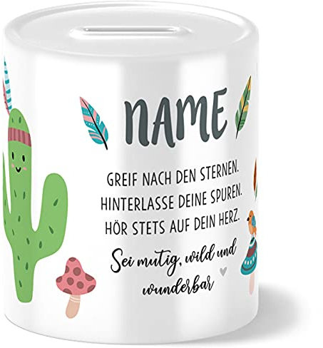 OWLBOOK® Boho Kaktus Spardose Kinder personalisiert | Geschenke zur Einschulung | Taufgeschenke | Geschenk Taufe Geburt Geburtstag Junge Mädchen | Sparschwein | Sparbüchse | Wiederverschließbar