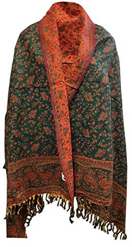 tibet Schal / Schal aus reiner Yak-Wolle, handgefertigt, mit Blumenmuster, Grün / Orange, L