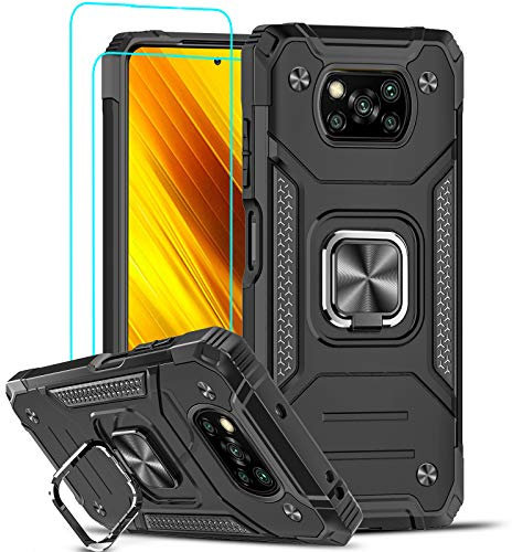 LeYi Hülle für Xiaomi Poco X3 Pro/Poco X3 NFC/Poco X3 Handyhülle und Panzerglas Schutzfolie (2 Stück), 360 Grad Ring Halter Militär Standard Armor Schutzhülle Silikon Bumper Cover Case Schwarz