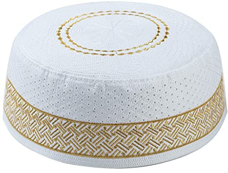 Herren Muslimische Gebetsmütze Kufi Hut Vintage Stickerei Gemischte Polyester-Baumwolle Islamische Arabische Jüdische Indien Kopfbedeckung Haube Kappe, gelb, S/L