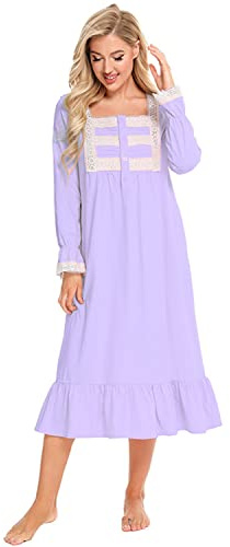Verve Jelly Womens Nightgown Long Sleeve Vintage Victoiran Lace Nightdress Loungewear Maternity Dress Nursing Nightgown Light Purple L