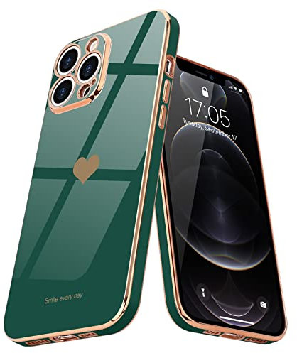 Teageo for iPhone 12 Pro Case Cute Heart Pattern for Women Girls Slim Luxury Bling Plating Soft TPU Anti-Scratch Shockproof Bumper Phone Case for iPhone 12 Pro, Darkish Green