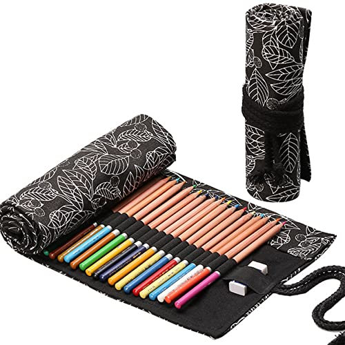 Ouceanwin Leinwand Pencil Wrap, Stifterolle 72 Löcher Buntstifte Federmäppchen Tragbar Verpackungshalter Bleistift Wrap Mäppchen Rollentasche Bleistifthalter für Künstler Schule Büro