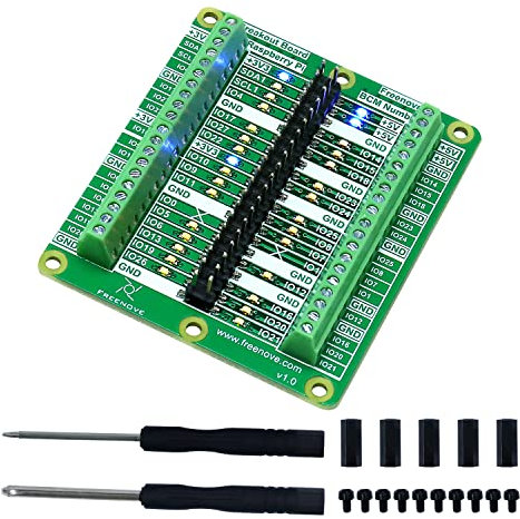 Freenove Breakout Board for Raspberry Pi 5 / 4B / 3B+ / 3B / 3A+ / 2B / 1B+ / 1A+ / Zero 2 W/Zero W/Zero, Terminal Block Shield Hat with Pin Header, GPIO Status LED