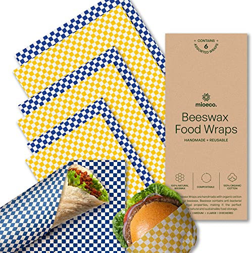 MioEco Bienenwachstücher für Lebensmittel – sortierte 6er-Pack Bienenwachstücher aus Bio-Baumwolle – wiederverwendbare Bienenwachstücher und Lebensmittelumarmungen – kariert – 3 Größen (2S, 2M, 2L)