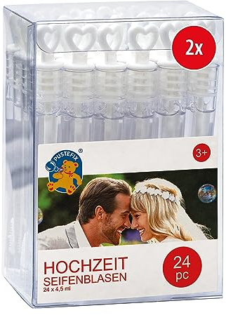 PUSTEFIX Seifenblasen Hochzeit 2x 24 Stück | Bezaubernde Seifenblasen Mit Herzgriff | Stylische Gastgeschenke im Reagenzglas Design