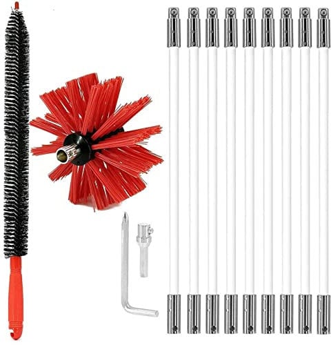 Chimney Cleaning Brush Kit, Fireplace Cleaning Brush Kit, Dryer Vent Sweep Kit, 9 Flexible 41cm Nylon Rods,1 Brush Head,1 Long Brush, for Dryer Vent/Sewage Pipe/Fume Hood (6 Poles)