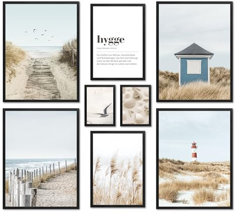 ARTFAVES® Poster Set - NORDIC DREAMS - mehrteilige Wanddeko Wohnzimmer & Schlafzimmer - 8 moderne Wandbilder Hygge, Nordsee, Meer, Strand, Dünen - mit Rahmen Schwarz