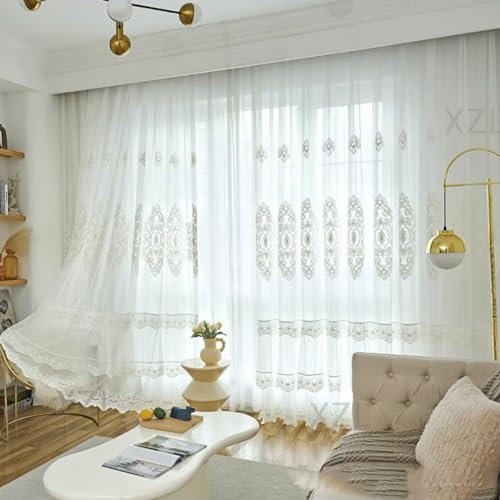 RILOOP Voile gardinen Vorhänge halbtransparent Schals Vorhang kurz Wohnzimmer Gardinen140WX150H(cm) Cuentas de Bordado