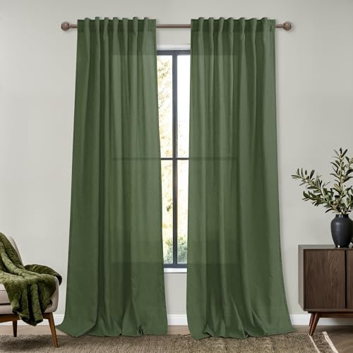 Mrs.Naturall Olivgrüne Vorhänge, 213 cm Länge, für Wohnzimmer, 2 Paneele, lichtfilternd, Moos, stimmungsvoll, Boho-Leinen-Vorhang für Schlafzimmer, 213 cm lang, Armee-Dunkelgrün