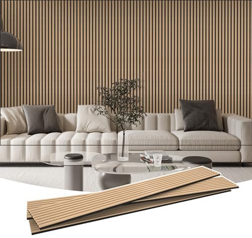 MSXTE Wood Slat Wall Panels,2 Pack 94.48x 11.02 Each,Wood Wall Panels for Sound Absorbing,Wooden Wall Panels for Interior Wall Decor,Wood Slat Wall Paneling with Solid Wood Veneer (Natural Oak)