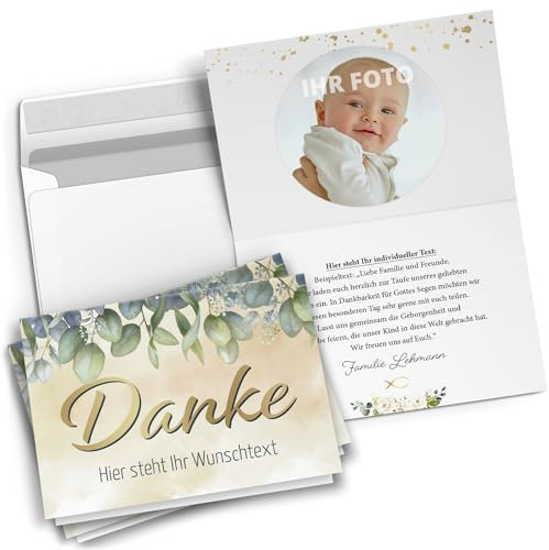10 PERSONALISIERTE Dankeskarten mit Text und Foto - Danke Eukalyptus - Dankeskarte Kommunion Konfirmation Taufe Hochzeit kirchlich mit Umschlägen