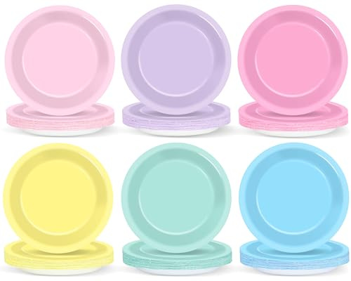 CHUNNIN 48 Pcs Pastel Rainbow Disposable Party Supplies 7 Pastel Paper Plates Pastel Rainbow Party Decorations for Birthday Wedding Baby Shower Boho Rainbow party Colorful Dessert Plates Tableware